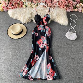 Flower Print V Neck Slit Skinny Dress