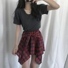 Plain Short-sleeve T-shirt / Plaid Asymmetric Hem A-line Skirt