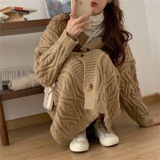 Long-sleeve Plain Long Cable Knit Cardigan