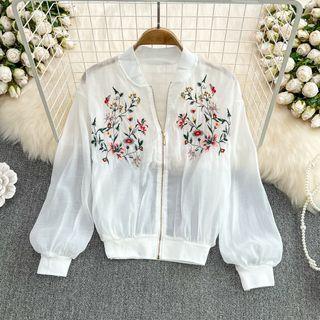 Floral Embroidered Sheer Zip Jacket