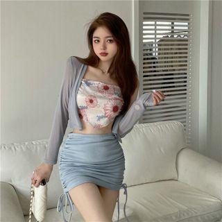 Flower Print Camisole Top / Cardigan / Mini Pencil Skirt