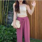 Frilled Slim-fit Cropped Camisole / High-waist Wide Leg Pants