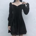 Plain Long-sleeve Velvet Mini A-line Dress