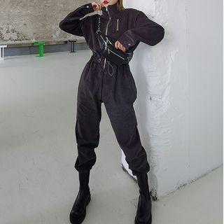 Long-sleeve Mock-neck Zip-up Corduroy Jumpsuit