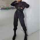 Long-sleeve Mock-neck Zip-up Corduroy Jumpsuit