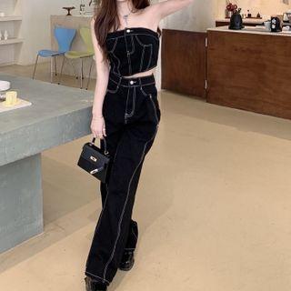 Stitched Cropped Tube Top / High-waist Stitched Straight Leg Jeans