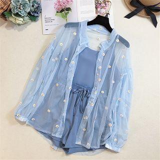 Set: Camisole Top + Floral Embroidered Long-sleeve Mesh Blouse + Shorts