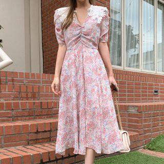 Shirred-front Floral Print Chiffon Dress Pink - One Size