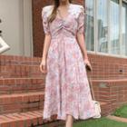 Shirred-front Floral Print Chiffon Dress Pink - One Size