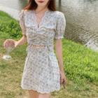 Set: Short-sleeve Flower Print Drawstring Cropped Blouse + Mini A-line Skirt
