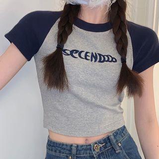 Short-sleeve Lettering Embroidered Raglan Crop Top