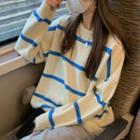Round-neck Striped Long-sleeve Sweater Almond & Blue - One Size
