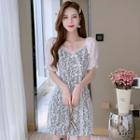 Puff-sleeve Floral Print Frog-buttoned Mini Sheath Dress