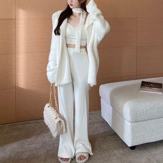 Plain Crop Camisole / High Waist Wide Leg Split Pants / Furry Knit Open Front Cardigan