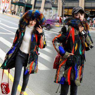 Faux Fur Trim Hooded Print Padded Coat