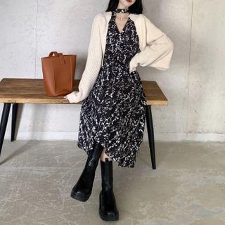 V-neck Floral Print Dress / Open-front Knit Cardigan