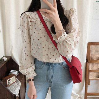 Collared Ruffled Floral Print Blouse
