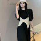 Puff-sleeve Two-tone Slim-fit Dress Black - One Size