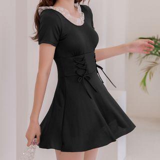 Short-sleeve Mesh Ruffled Swimdress