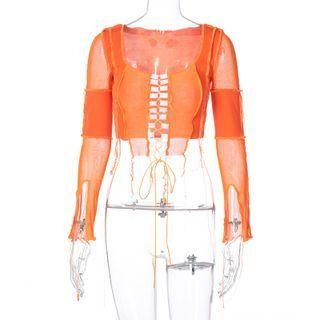 Plain Long-sleeve Tie-front Cropped Top