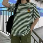 Short-sleeve Smiley Face Embroidered Striped T-shirt