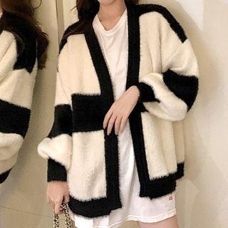 Striped Fluffy Cardigan Black - One Size
