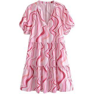 Short-sleeve Print Tiered Mini A-line Dress