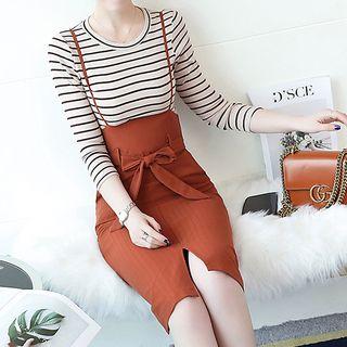 Set: Striped Long-sleeve T-shirt + Jumper Skirt
