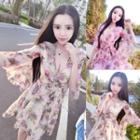 Set: Elbow-sleeve Floral A-line Mini Dress + Bandeau