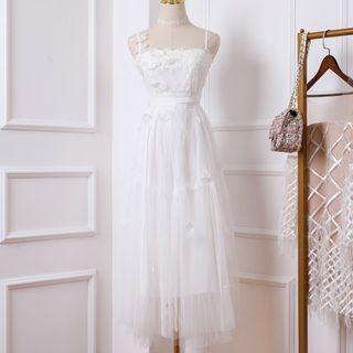 Spaghetti Strap Butterfly Applique Mesh Dress