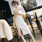 Crew-neck Long-sleeve Knit Dress Almond - One Size