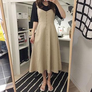 Button-front Flared Long Pinafore Dress