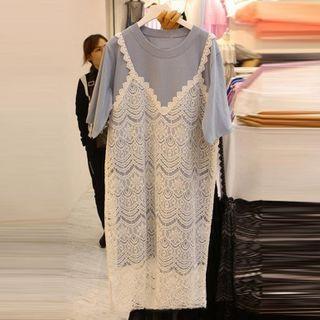 Set: Elbow-sleeve T-shirt Dress + Spaghetti Strap Lace Dress