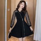 Long-sleeve V-neck Dotted Panel Contrast Trim A-line Dress