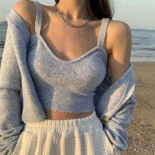 Long-sleeve V Neck Plain Cropped Cardigan + Camisole Top / Plain Knit Pants