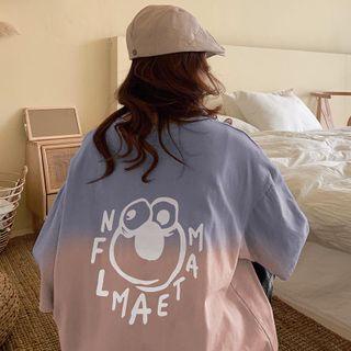 Elbow-sleeve Cartoon Gradient Printed T-shirt