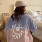 Elbow-sleeve Cartoon Gradient Printed T-shirt