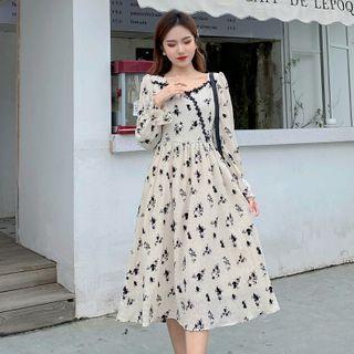 Long-sleeve Floral Print Square-neck Midi Dress