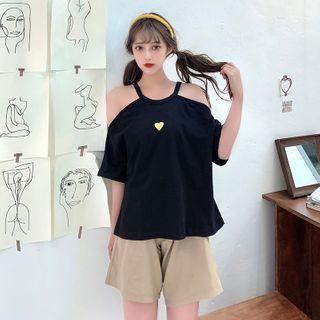 Heart Print Halter Cold-shoulder Elbow-sleeve T-shirt Black - One Size