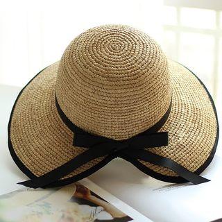 Bow Accent Straw Bucket Hat As Shown In Figure - One Size