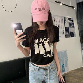 Short-sleeve Cat Knit Crop Top