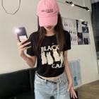 Short-sleeve Cat Knit Crop Top