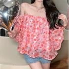 Bell-sleeve Off-shoulder Print Blouse Light Red - One Size