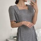 Square-neck Gingham Long Dress