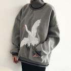 Crane Embroidered High-neck Pullover