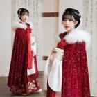 Removable Furry Trim Glitter Hooded Cape Fleece Lining - Red - One Size