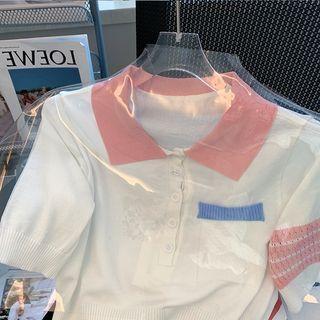 Elbow-sleeve Polo Neck Knit Top
