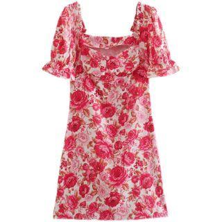Short-sleeve Floral Mini Smock Dress