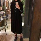 Long-sleeve Ruffled Velvet Midi A-line Dress Black - One Size