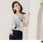 Peacock Feather Print Short-sleeve Round Neck T-shirt